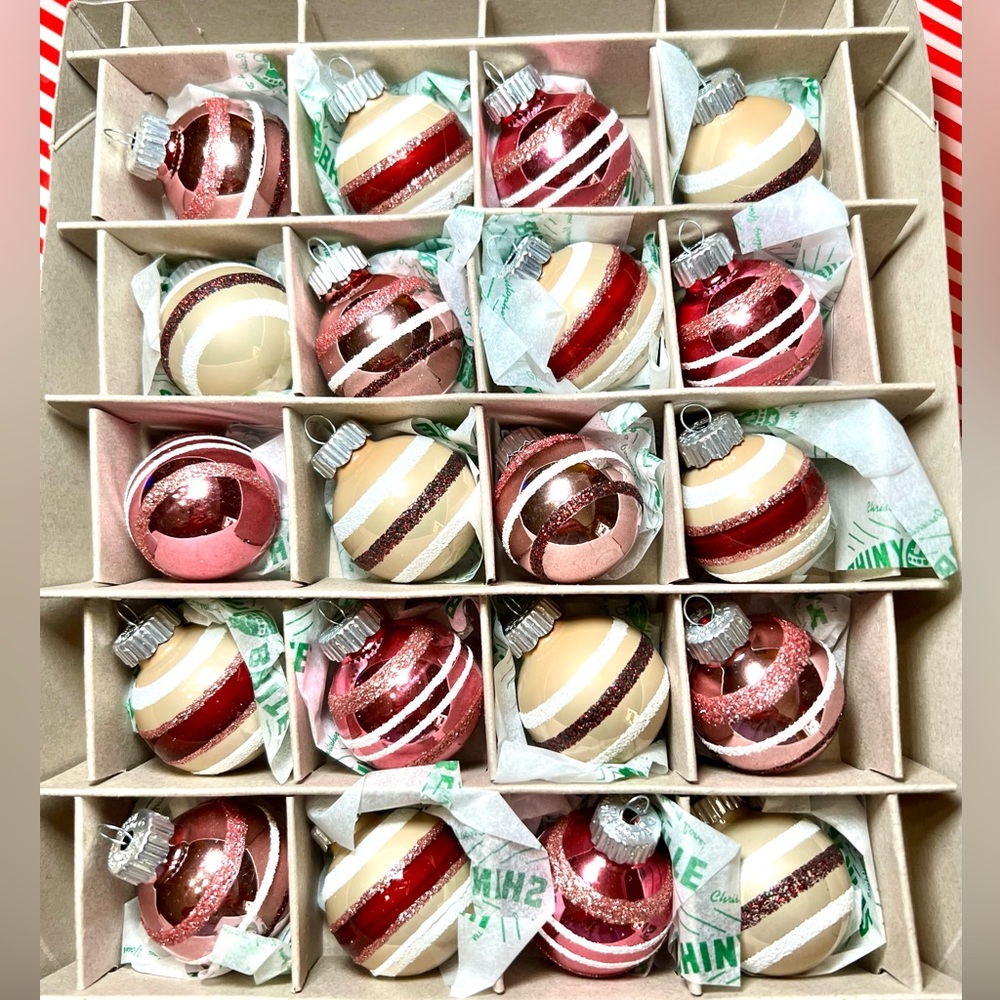 20 Christmas Radko Glass Ball Ornaments Burgundy Beige White Pink Glitter Stripe - Picture 13 of 15